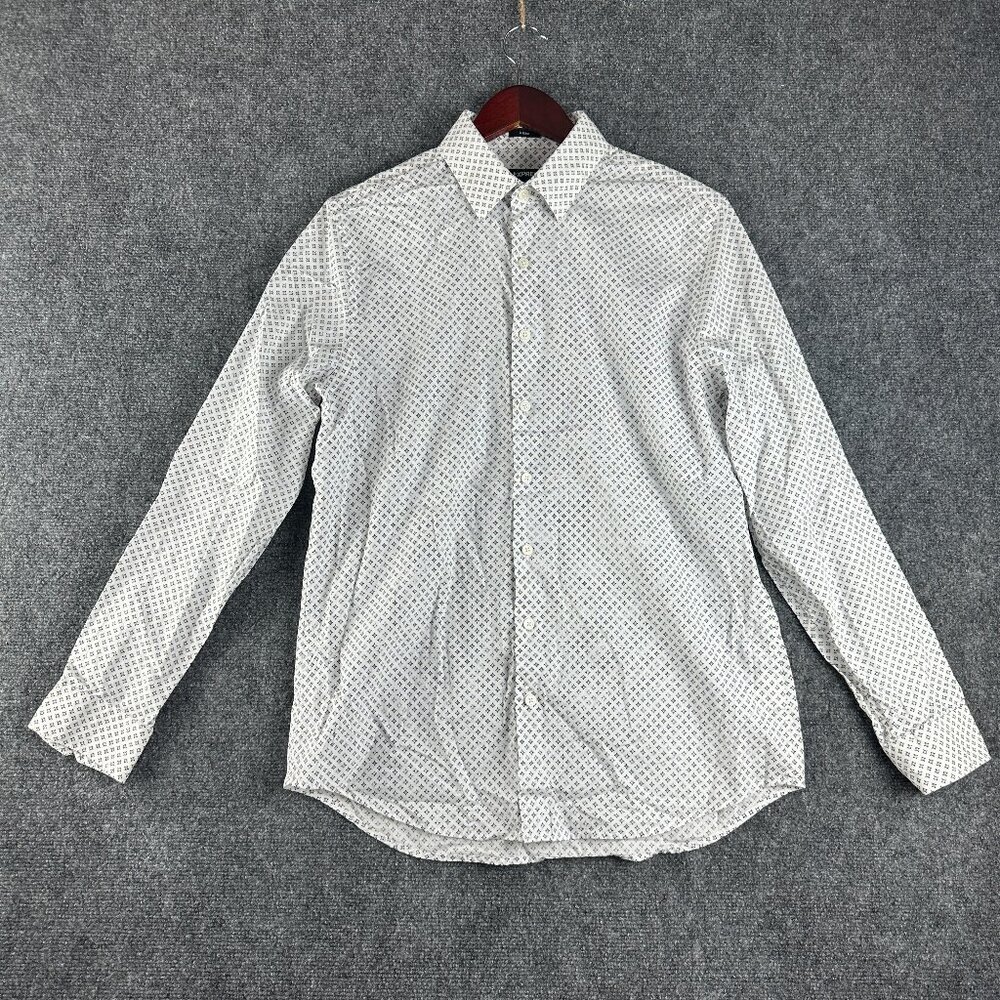 Express Shirt Mens Medium Classic Fit White Cotton Blue Print Button Up